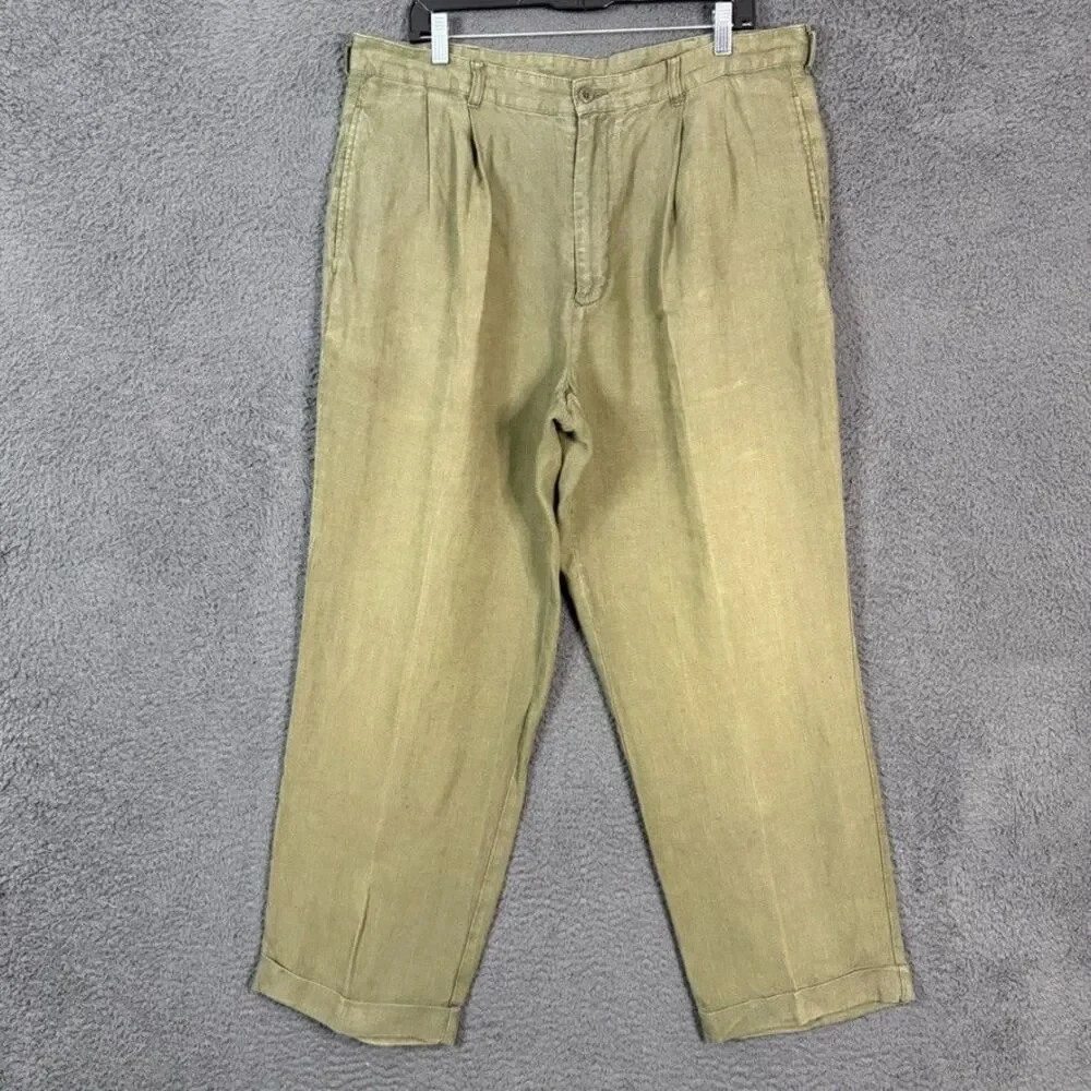 Vtg Brooks Brothers Pants Mens 38x30 (Fits 36x28) Green Linen Pleated Classic